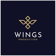 Simple luxury gold wings bird logo design, elegant golden initial letter W crown