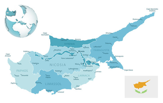 Cyprus administrative blue-green map with country flag and location on a globe.