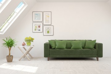 White living room with sofa. Scandinavian interior design. 3D illustration