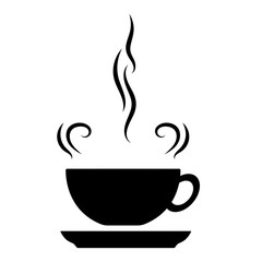 Black silhouette of a cup. Hot tea or coffee cup icon with aroma effect on white background. Vector illustration. Isolated object.