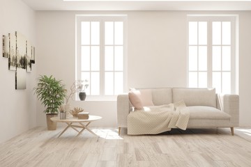 White living room with sofa. Scandinavian interior design. 3D illustration