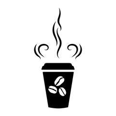 Black silhouette of a paper cup with hot coffee. Aroma effect. Vector illustration on white background. Isolated object.