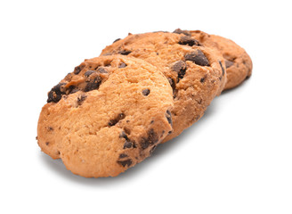 Tasty cookies with chocolate chips on white background
