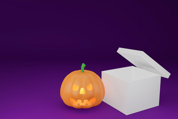 scary pumpkin and white box on the dark purple background, for halloween, 3d rendering