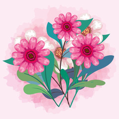 cute flowers color pink with branches and leaves, natural decoration vector illustration design