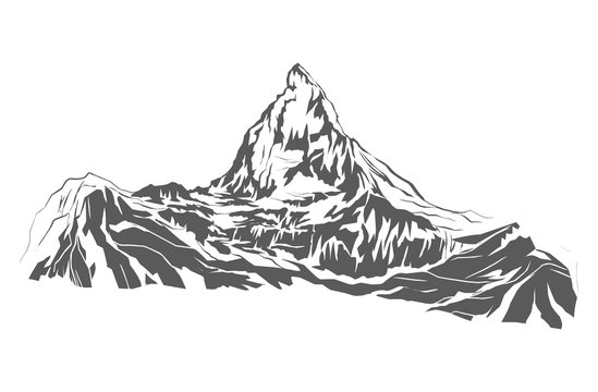 Snow and rocky Mountain vector in black and white, hand drawing style.