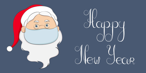 New Year 2021 conceptual poster. Santa Claus in medical mask. Vector illustration.