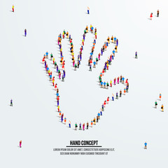 Hand or palm concept. A large group of people form to create a shape hand or palm. People organ icon series. Hi five vector illustration.