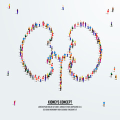 Kidneys concept. A large group of people form to create a shape kidney. People organ icon series. Vector illustration.