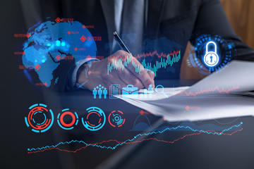 Businessman in suit signs contract. Double exposure with business icons hologram. Man signing agreement. Market analysis and research concept.