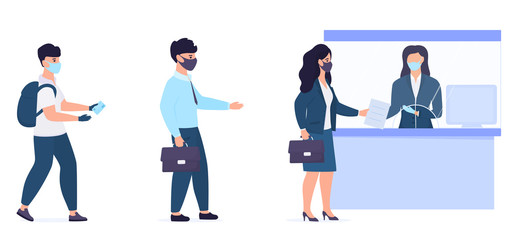 Social distancing and coronavirus covid-19 prevention. People in protective masks are waiting in the queue to the cashier of the bank