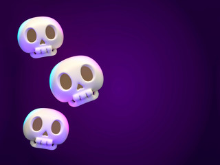 Halloween three human skulls on dark violet background 3d rendering. 3d illustration skull for celebration Halloween event template minimal style concept.
