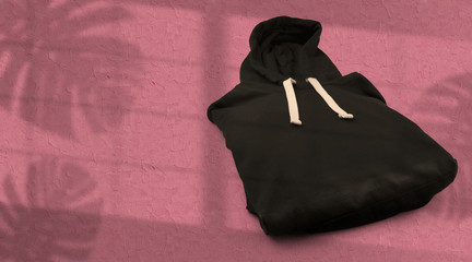 Black Hoodie Mockup – Window and Exotic Leaves Shadows Background