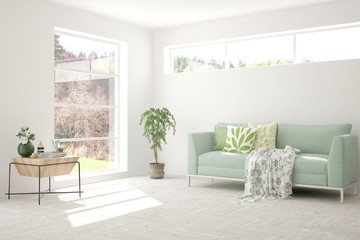 White living room with sofa. Scandinavian interior design. 3D illustration