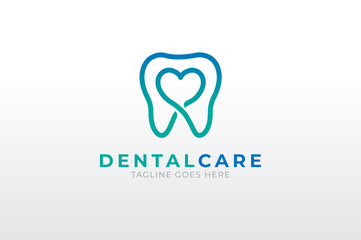 Dental  logo, shiny teeth with heart icon inside, Flat Logo Design Template, vector illustration