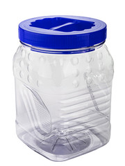 transparent plastic food storage container with blue lid
