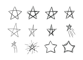 Vector drawn doodle stars, scribble lines, black stars  isolated on white background, chalk drawing.

