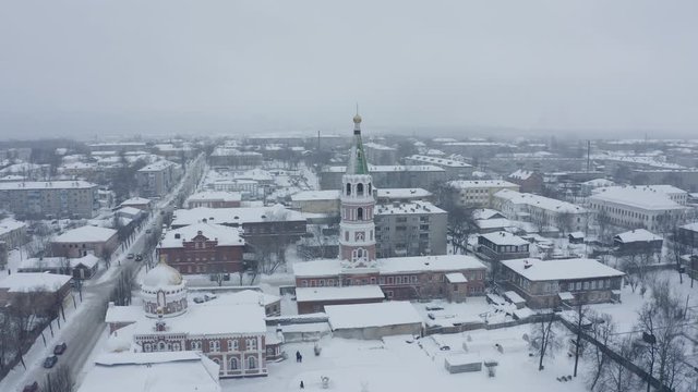 Panorama of the small town of Slobodskoy near Kirov on a winter day from above. Russia from the drone.