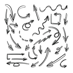 Vector 3D arrow set, black hand drawn arrows isolated on white background, contour lines.
