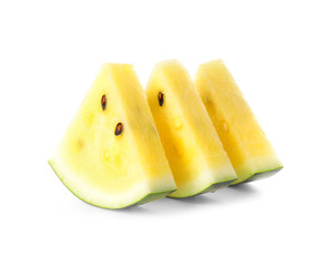 Cut yellow watermelon on white background