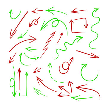Vector collection of hand drawn green and red arrows isolated on white background, freehand drawings set.
