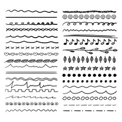 Vector doodle sketched decorative elements, drawn divider lines, underline strokes collection.
