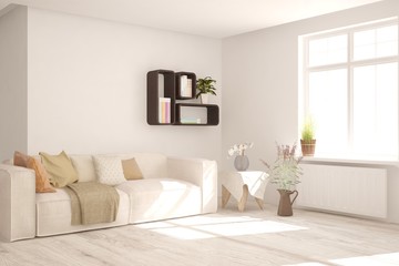 White living room with sofa. Scandinavian interior design. 3D illustration