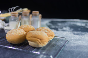 Bread buns, milk, yeast, flour, eggs, sugar pastry or bakery cooking, Homemade bakery concept
