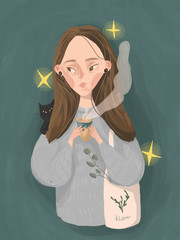 Cute illustration of a girl with a cat