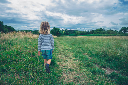 Preschooler walking in a meadow on a gloomy day