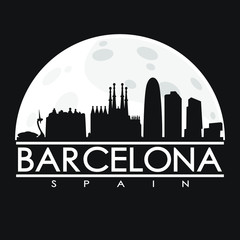 Barcelona Full Moon Night Skyline Silhouette Design City Vector Art.