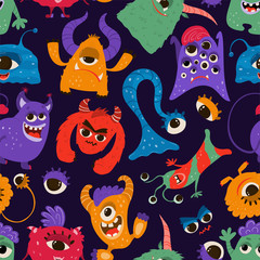 Obraz premium Seamless pattern with funny monsters in cartoon style. Children's background with cute characters for fabric design, Wallpaper, wrapping paper. Vector
