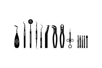 Set of black silhouettes of dentistry tools. Tools for oral examination, treatment, and tooth extraction. Medical icon set. Vector