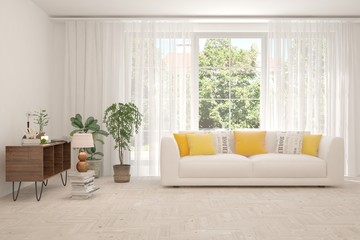 White living room with sofa and summer landscape in window. Scandinavian interior design. 3D illustration