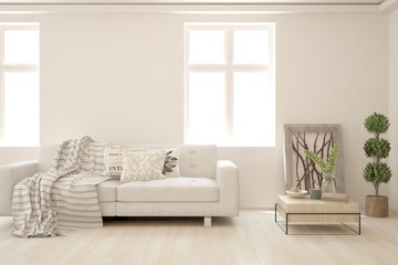White living room with sofa. Scandinavian interior design. 3D illustration