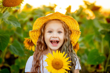 a little beautiful girl holds a sunflower in a field in summer