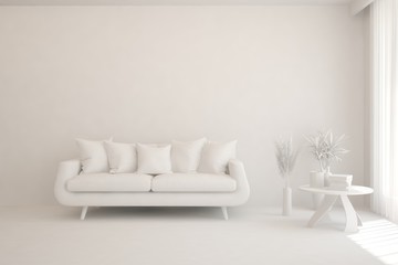 White minimalist living room with sofa. Scandinavian interior design. 3D illustration