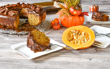 bundt pumpkin cake with chocolate nut  topping