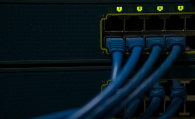 Closed data center Internet provider. Cable and switch connections. High speed internet network....