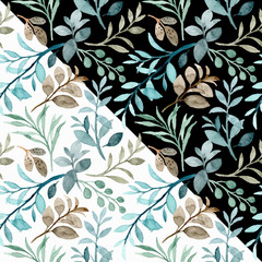 Watercolor green leaf seamless pattern with black and white background