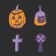 Fototapeta premium Halloween vector illustration. Hand drawn collection of objects isolated on black background. Spooky elements for banner, poster, invitation or festive decoration