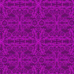 Seamless vector pattern of ornamental lined abstract flowers on purple background