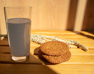 
Oatmeal cookies, a glass of milk, ears of wheat on the table on a sunny day