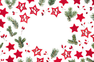 Christmas Arrengement With Red Stars And Pine Green Twigs On White Background - 374149540