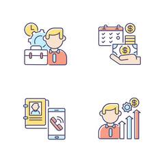 Professional occupation RGB color icons set. Working conditions, career promotion opportunities, salary payment and contact info. Isolated vector illustrations