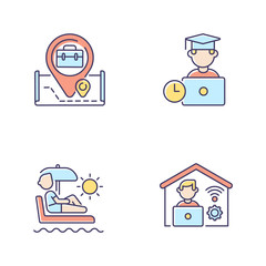 Modern work RGB color icons set. Company office location, vacation leave, workers education, remote job. Self employment, freelance. Isolated vector illustrations