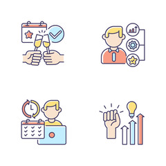 Company occupation RGB color icons set. Full time job, events celebration, staff skills and abilities development, workers motivation. Isolated vector illustrations