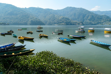 Fototapeta premium A view on Phewa Lake in Pokhara, Nepal with many colorful boats anchored around the shore. There are high Himalayan ranges in the back. Calm surface of the lake. Clear and sunny day. Serenity