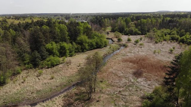 Arial view on small river in the middle of the forest. Drought.4K, UHD, Cinematic						