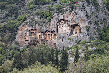 The temple tombs at Kaunos cut into the rocks across the river from Dalyan in Turkey.